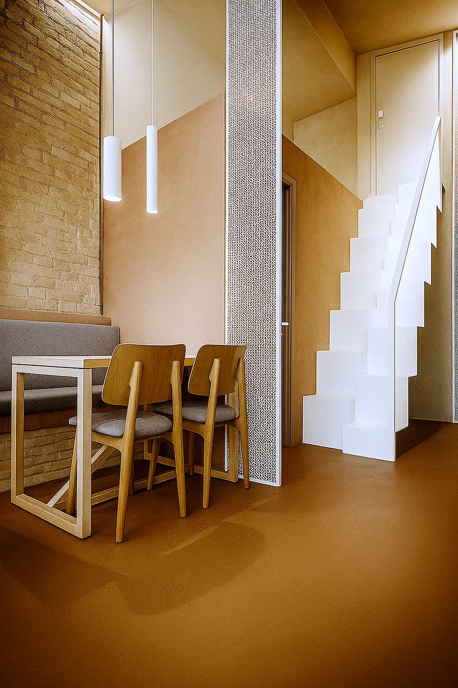 Table beside the metal staircase