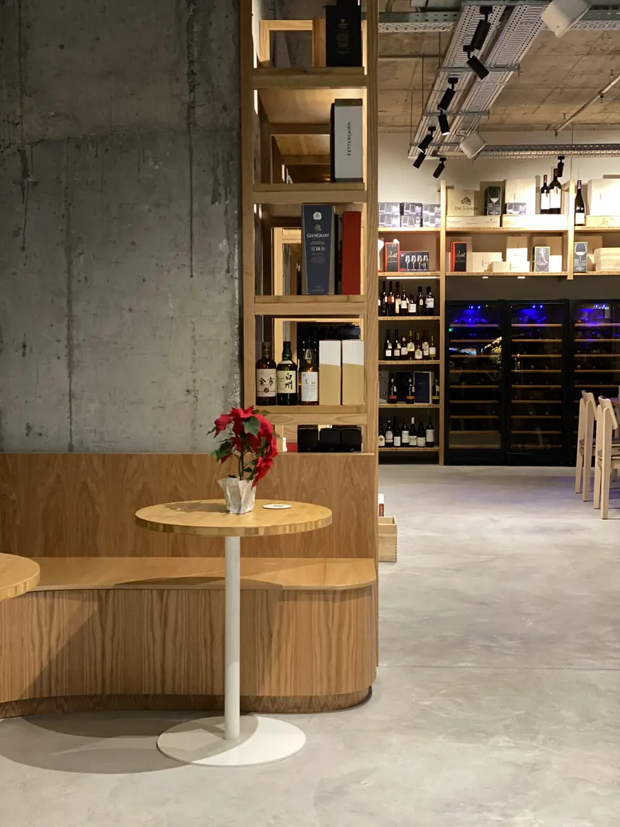 The Orbit: Wooden shelving and seating
