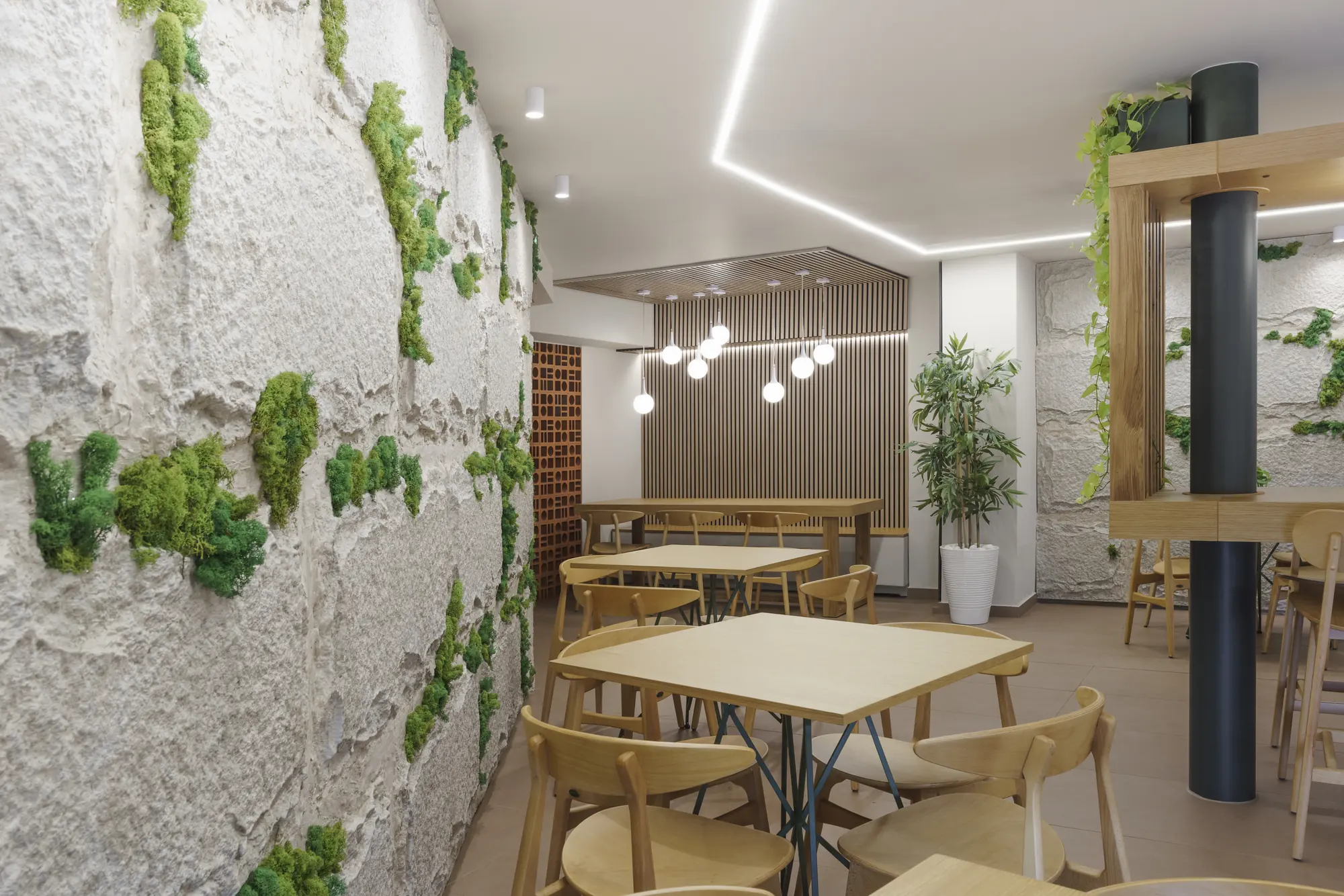 Tables in front of the textured wall with plants