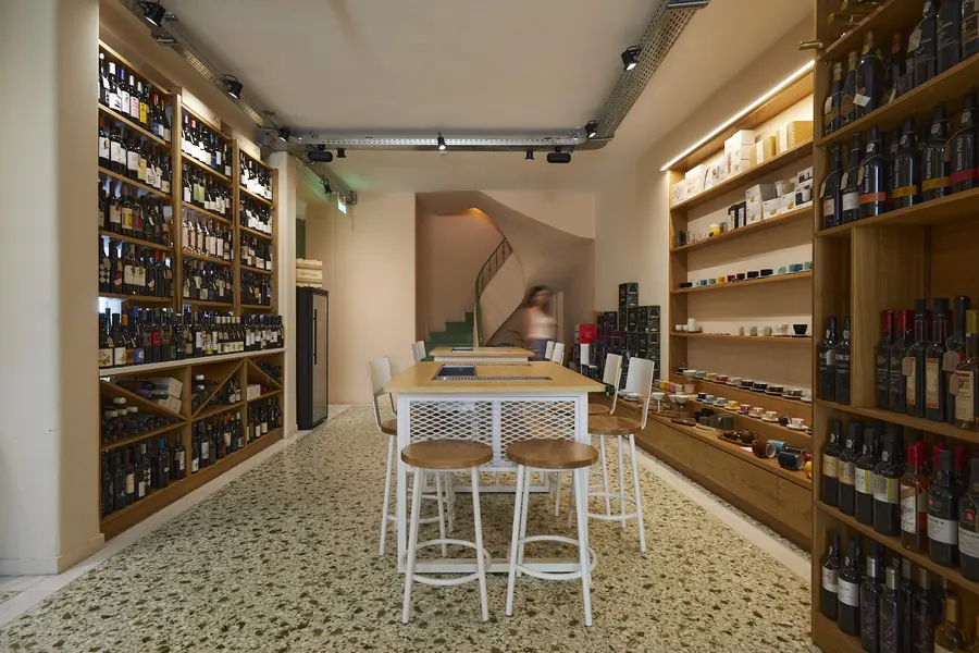 Warehouse Assemblage: Wooden wine shelves and a mosaic floor